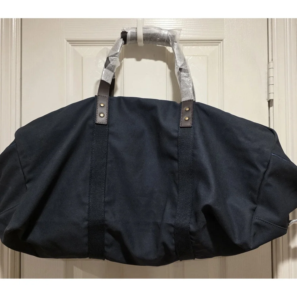 Lands End Navy Blue Canvas & Brown Leather Weekender Duffle Bag Tote NEW